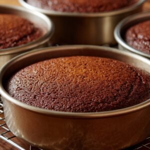 reshly baked red velvet cake layers cooling in round cake pans on a wire rack.