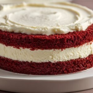 Red velvet cheesecake with two cake layers and creamy cheesecake filling in between, topped with a smooth layer of frosting.