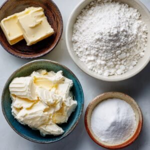 Baking ingredients including butter, cream cheese, powdered sugar, and flour arranged neatly in bowls for frosting.