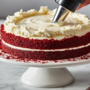 Close-up of a red velvet cake being frosted with cream cheese frosting using a piping bag, showing smooth layers of cake and creamy topping.