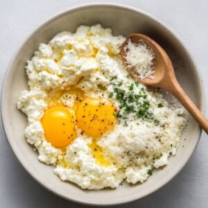 "Bowl with shredded zucchini, cracked egg, and seasonings, ready to be mixed for zucchini lasagna cheese filling."