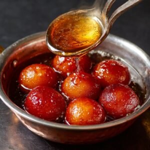 A bowl filled with golden-brown Gulab Jamuns soaked in sugar syrup, with syrup being poured over them using a spoon.