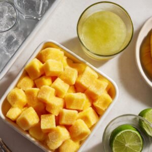 Frozen mango chunks in a bowl with a glass of lime juice, ice cubes, and fresh limes arranged on a kitchen counter.