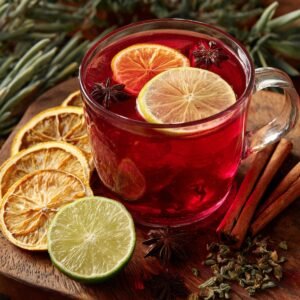 : A hot cup of hibiscus tea served in a glass mug, garnished with lime and orange slices, star anise, and surrounded by dried citrus slices and cinnamon sticks.