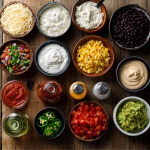 Overhead view of assorted ingredients in bowls for making a chicken crunch wrap, including shredded cheese, sour cream, salsa, black beans, corn, guacamole, diced tomatoes, and jalapeños.