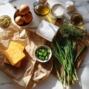 Fresh ingredients for corn fritters laid out, including eggs, cheese, chopped green chilies, scallions, herbs, garlic, olive oil, and flour on a wooden cutting board and counter.