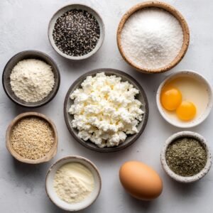 "Assorted ingredients for cottage cheese bagels including eggs, flour, sesame seeds, poppy seeds, and fresh cottage cheese."