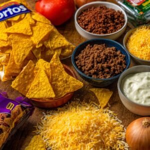 Overhead shot of ingredients for Dorito casserole including ground beef, shredded cheese, Doritos chips, sour cream, tomato, and onion.