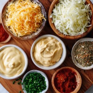 Assorted ingredients in bowls for casserole, including shredded cheese, mayonnaise, spices, and chopped chives arranged on a wooden board.