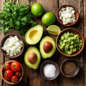 Fresh guacamole ingredients displayed on a wooden surface, featuring halved avocados, limes, onions, tomatoes, cilantro, salt, and pepper.