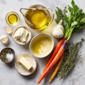Assorted fresh cooking ingredients including olive oil, carrots, garlic, butter, herbs, and cream on marble surface.