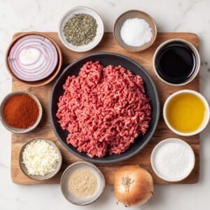 Overhead view of burger patty ingredients: ground beef, onions, spices, shredded cheese, and sauces on a wooden board.