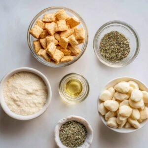 Ingredients for ranch crackers displayed in bowls, including cheese crackers, parmesan cheese, olive oil, dried herbs, and bite-sized bread pieces.