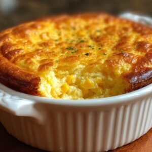 A golden-brown baked corn souffle Recipe in a white ceramic dish with a fluffy, slightly risen top. A spoonful is missing, revealing the moist, fluffy interior with visible corn kernels.
