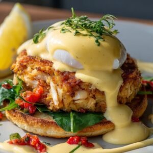 A serving of crab cake benedict on a toasted muffin, layered with spinach, topped with a poached egg and hollandaise sauce, garnished with fresh thyme and served with a lemon wedge.