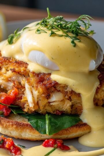 A serving of crab cake benedict on a toasted muffin, layered with spinach, topped with a poached egg and hollandaise sauce, garnished with fresh thyme and served with a lemon wedge.