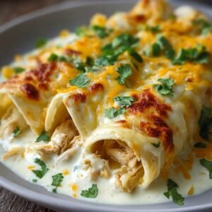 A serving of creamy white chicken enchiladas on a plate, topped with melted golden cheese, creamy sauce, and fresh cilantro garnish.