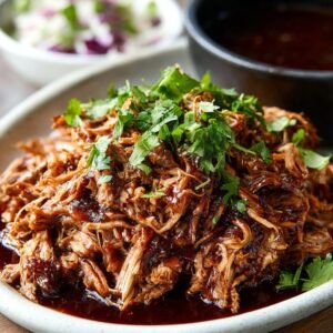 Plate of shredded pulled pork recipe coated in barbecue sauce, garnished with fresh chopped herbs, with a bowl of sauce and coleslaw in the background.