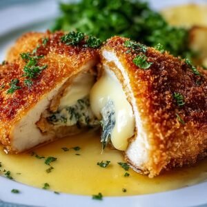 Crispy golden chicken Kiev recipe cut open on a plate, with melted garlic herb butter flowing out, garnished with fresh parsley and served with greens.
