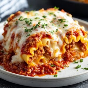 "Close-up of cheesy, baked lasagna roll ups with meat sauce and herbs, served on a white plate."