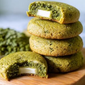 Stack of matcha recipe cookies with white chocolate filling, one cookie bitten to show inside.