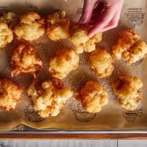 "Battered cauliflower florets frying to golden crisp on parchment-lined tray, with a hand arranging pieces."