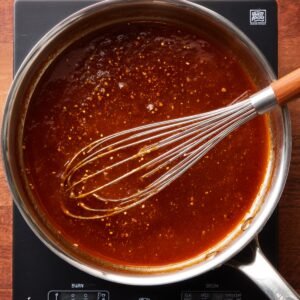 "Homemade buffalo sauce simmering in a saucepan with whisk, showing a rich spicy red glaze with chili flakes."