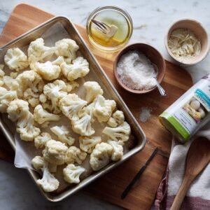 "Fresh cauliflower florets on a sheet pan with olive oil, parmesan cheese, and garlic ready for roasting."