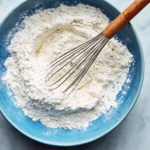 A blue bowl filled with flour mixture and a whisk resting inside, ready for baking.
