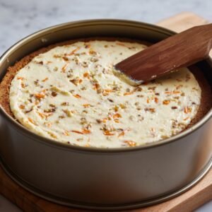 Carrot cake cheesecake layer being smoothed in a springform pan with a spatula.
