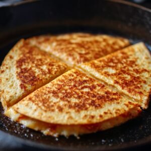 Crispy cheese quesadilla in a skillet, cut into four triangular pieces with melted cheese inside.