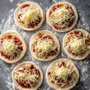 Round pieces of dough topped with pizza sauce, cheese, and various fillings, arranged on a floured surface ready to be folded into pockets.