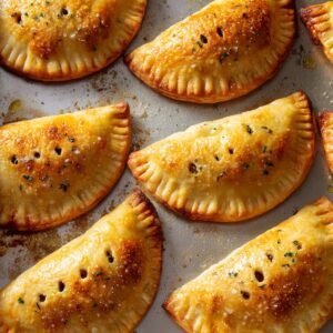 A tray of evenly browned, sealed cheesy pizza pockets with fork-crimped edges and a shiny egg-wash finish, sprinkled with herbs.