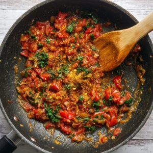 A frying pan with a sautéed mixture of chopped tomatoes, onions, herbs, and Indian spices, being stirred with a wooden spoon.