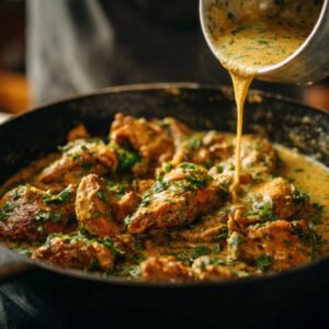 A pan filled with golden-brown chicken pieces simmering in a rich, creamy Indian gravy being poured over, garnished with fresh cilantro.