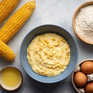 A mixing bowl filled with corn batter surrounded by fresh corn on the cob, flour, eggs, and oil on a light-colored surface.