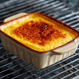 A rectangular ceramic baking dish containing a freshly baked corn soufflé with a dark golden, caramelized top, resting on a cooling rack.