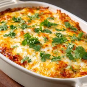 A baked dish of creamy white chicken enchiladas topped with golden melted cheese and fresh cilantro in a white casserole dish.
