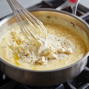 A saucepan on the stove with a whisk stirring melted cheese sauce, containing chunks of cheese and sprinkled with black pepper.