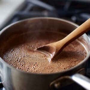 A saucepan of steaming hot chocolate being stirred with a wooden spoon.