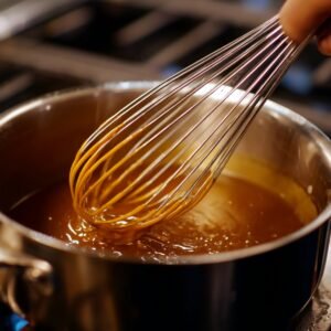 A whisk lifting thick, golden caramel sauce from a saucepan on the stove.