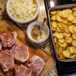 Raw pork chops seasoned on cutting board, diced onions in bowl, sliced potatoes in greased baking pan.