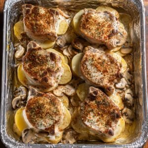 Unbaked pork chop and potato casserole layered with mushrooms, seasoned pork chops on top, in foil pan.