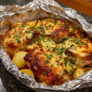 Cheesy pork chops baked with golden potatoes, topped with melted cheese and fresh herbs in foil-lined dish.