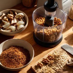 Food processor with chickpeas, lentils, and oats ready to blend, with bowls of mushrooms, onions, and walnuts nearby.