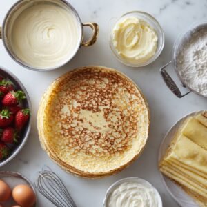 Crepe cake ingredients and layers arranged on a table, including cooked crepes, cream filling, strawberries, flour, and eggs.