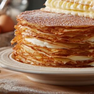 A close-up of a layered crepe cake dusted with powdered sugar, filled with cream between each golden crepe layer.