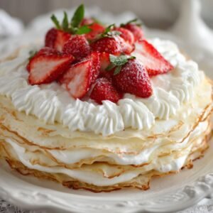 A mille crepe cake topped with fresh strawberries and piped whipped cream, showing thin layers of crepes filled with cream.