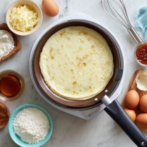 A crepe cooking in a pan surrounded by ingredients such as flour, eggs, shredded cheese, maple syrup, and jam.