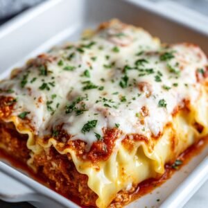 "Lasagna roll ups arranged in a baking tray, topped with layers of meat sauce and a generous amount of ricotta and parmesan cheese before baking."